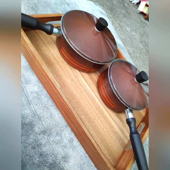 Vintage MCM Regal Ware Inc striped wooden handled 2 and 5 qt pots with lids - Picture 2 of 15